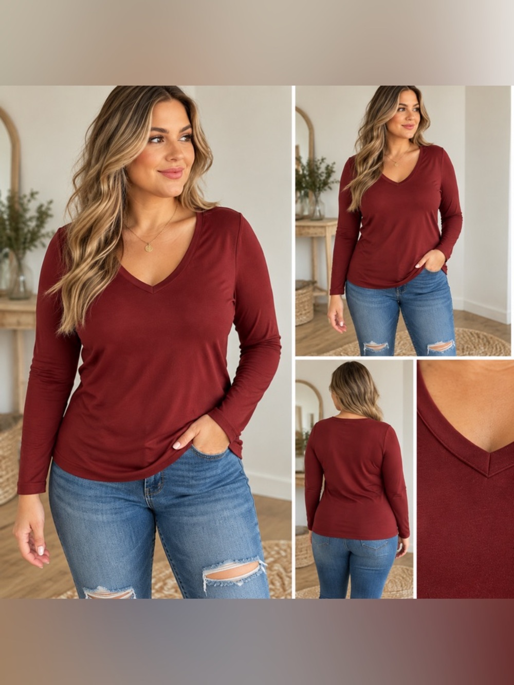 A New Day Rust Long Sleeve V-Neck Top – XL